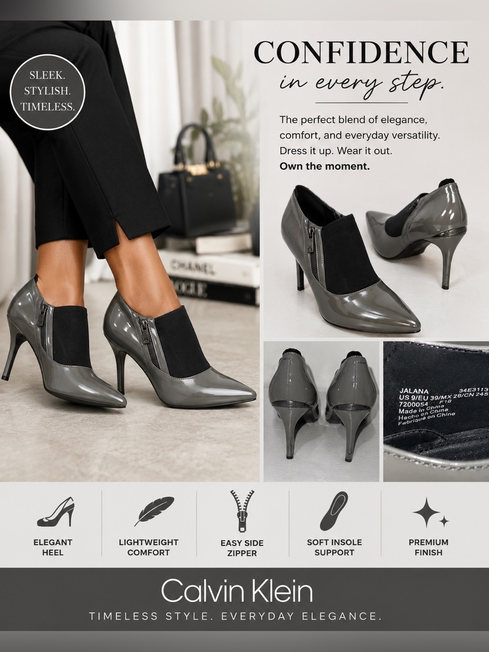 Calvin Klein Gray Patent Pointed Toe Ankle Zip Heels with Black Elastic